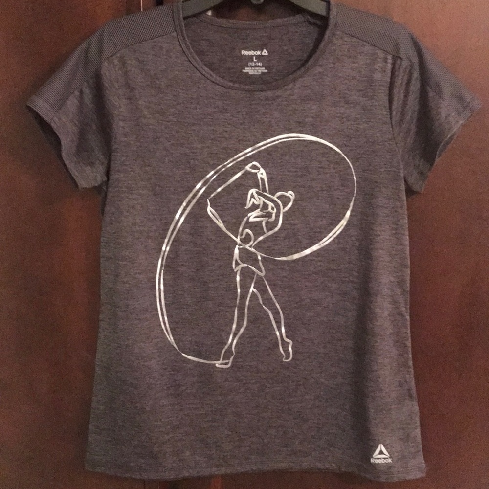 Reebok Gray Heather Tee with silver Gymnast Graphic